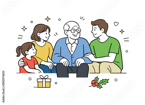 Family Holiday Gathering. Holiday visit to seniors. Younger family members sitting with an elderly person, talking and sharing smiles. Gentle attention and