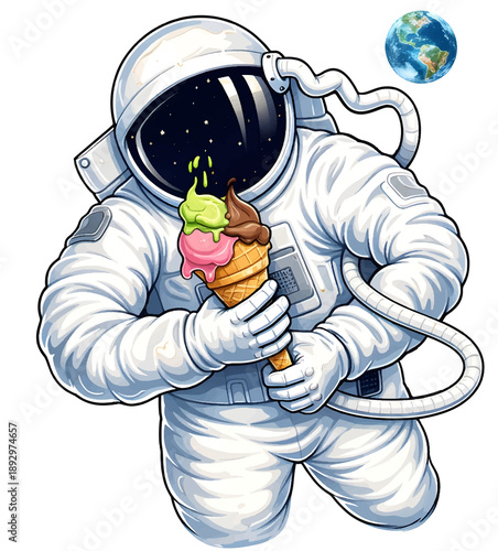 Farbenfrohe digitale Illustration eines Astronauten mit Eiscreme im Weltraum