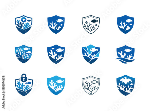 Coral Reef Protection Icons. Coral reef protection. Icon set. Set Logo of Coral reef protection: underwater ecosystem with guard symbol. harmonious logo