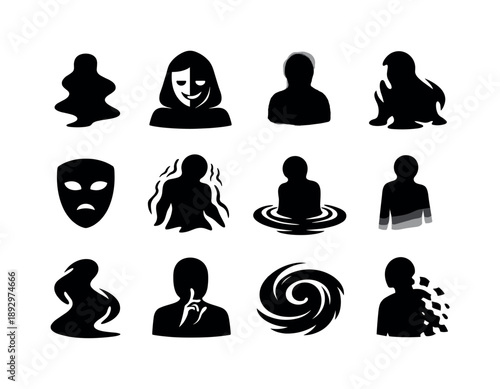 Shadow Emotions Icons. Shadow emotions. Solid icon set of shadow emotions: wavy shadow form, masked silhouette, dim aura, distorted outline, hollow mask,