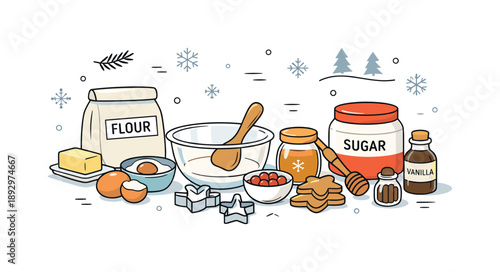 Festive Baking Ingredients. Holiday baking ingredients. A neat still life of winter baking items prepared for festive recipes, with light decorative elements