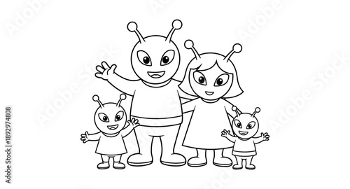 Cute cartoon alien family waving hello with antennae and big smiles