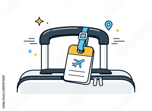 Travel Bag Tag. Luggage tag on suitcase. A close-up view of a travel bag handle with a tag attached, simple and functional travel moment. Calm, organized