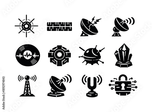 Alien Communication Icons. Interstellar probes and signals. Solid icon set of alien communication traces: pulsar beacon, encoded signal band, fractured