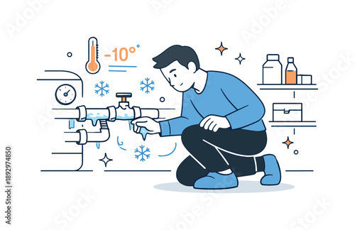 Inspecting Frozen Pipes. Checking frozen pipes. A homeowner carefully inspecting exposed water pipes in a quiet utility room, focused attention and mild