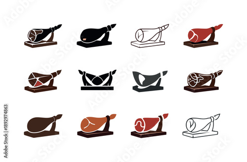 Charcuterie Logo Variations. charcuterie. Icon set. Set Logo of charcuterie: prosciutto leg on stand. harmonious logo variations of the same emblematic