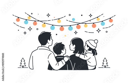 Family Holiday Lights. Family looking at holiday lights moment. Close scene with family silhouettes and softly glowing lights filling the space above. Wonder,