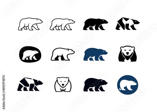 Marine Mammal Icons. Marine mammals. Icon set. Set Logo of Marine mammals: polar bear outline. harmonious logo variations of the same emblematic concept, each