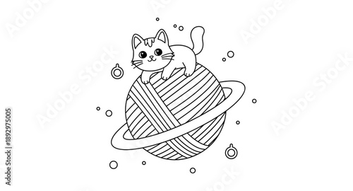 Cute cartoon cat sitting on a yarn planet with rings in outer space