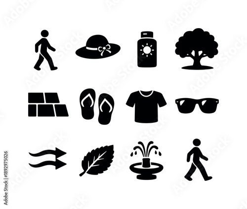 Warm Weather Icons. Warm Weather Walk. Solid icon set of Warm Weather Walk: walking silhouette, sun hat, sunscreen bottle, shaded tree, pavement tiles, flip