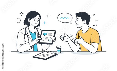 Healthcare Consultation Illustration. Doctor?patient consultation. A healthcare professional reviews health information on a tablet while the patient explains