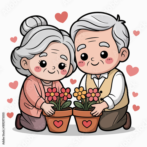 An elderly couple sits side by side, tending to potted flowers with hearts surrounding them.