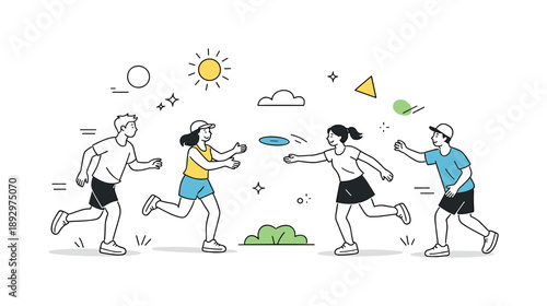 Sunny Frisbee Fun. Summer outdoor fun. A group of friends playing frisbee in a sunny park, moving lightly across the grass. Bright energy, casual joy, and