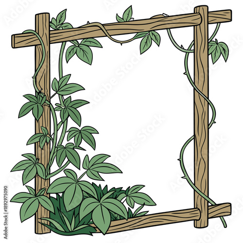 Wooden garden trellis frame adorned with lush green climbing vines and large tropical leaves creating a natural border perfect for springtime invitations or rustic wedding announcements