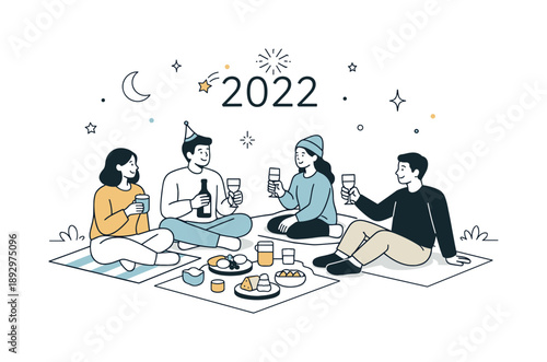 New Year Picnic Vibes. New Year?s Eve picnic. A small group sitting on blankets with simple food and drinks, calm celebration and quiet anticipation of the new
