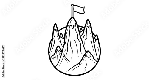 Mountain peak with flag symbolizes achievement and reaching the summit of success