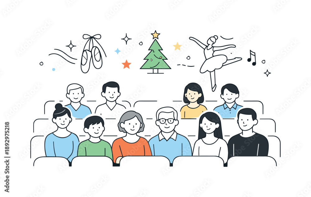 Fototapeta premium Holiday Ballet Audience. Watching holiday ballet together. Group seated in rows, soft smiles and focused expressions, feeling of tradition and shared artistic