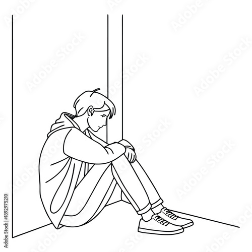 Minimalist line art drawing illustrating a lonely young man sitting huddled against a corner wall expressing feelings of sadness isolation and deep contemplation regarding personal struggles