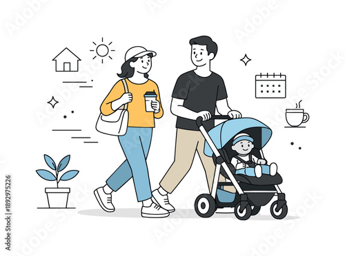 Morning Stroll Family. Parents pushing stroller morning routine. Parents heading out with a stroller and small bag for daily activities. Organized family life