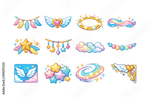 Heavenly Decorative Icons. Heavenly decorations. Colorful isometric vector icons set of heavenly decorations: feather garland, winged ornament, halo wreath,