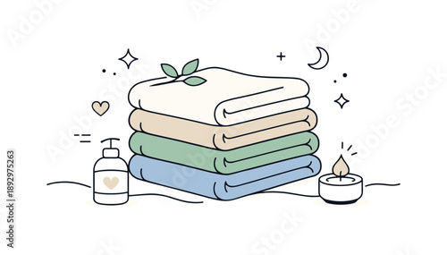 Cozy Linen Arrangement. Soft folded textiles. A peaceful editorial scene with a stack of linen towels arranged evenly, light fabric lines and muted colors