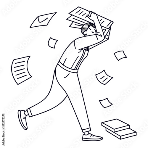 Determined office worker struggling to manage a large stack of important paperwork while many documents are flying around due to strong wind or chaos