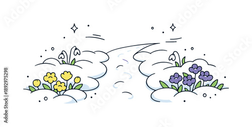 Snowy Path Blossoming. Snowy path with blooming borders illustration. A quiet path still covered in snow, gently framed by early spring flowers beginning to