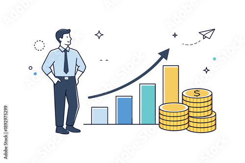 Economic Growth Illustration. Economic growth concept. Character standing near an abstract upward graph and coins, stability and future success. Clean symbolic