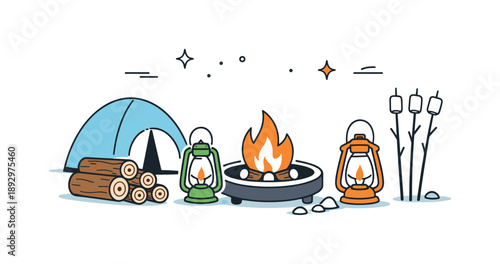 Backyard Camp Setup. Evening backyard camp preparation. Lanterns, logs, and marshmallow sticks neatly arranged near a tent and firepit. Quiet, organized scene