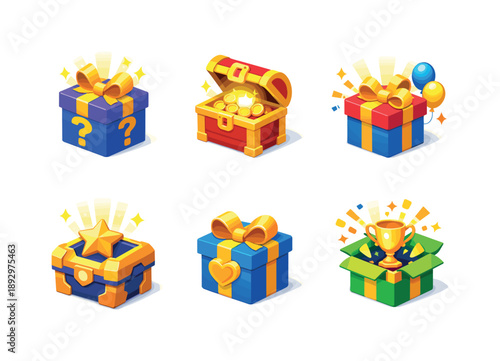Colorful Reward Icons. Surprise reward. Isometric flat vector icons set of Surprise reward: mystery gift box, reward present chest, bonus gift package,