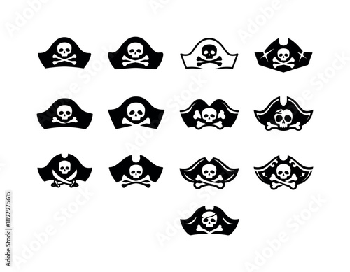 Pirate Hat Logos. Costume party outfit. Icon set. Set Logo of costume party outfit: pirate hat. harmonious logo variations of the same emblematic concept, each