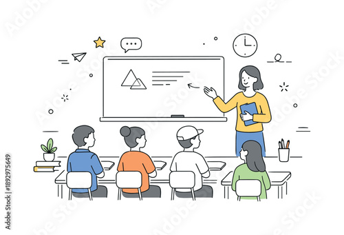 Classroom Learning Serenity. Classroom scene. Teacher standing near a board while students sit at desks listening attentively. Calm learning atmosphere and