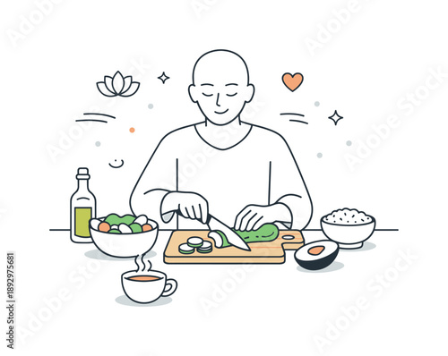 Mindful Meal Preparation. Food for meditation and mindfulness. A calm person preparing a simple healthy meal in silence, slow movements and gentle focus. The