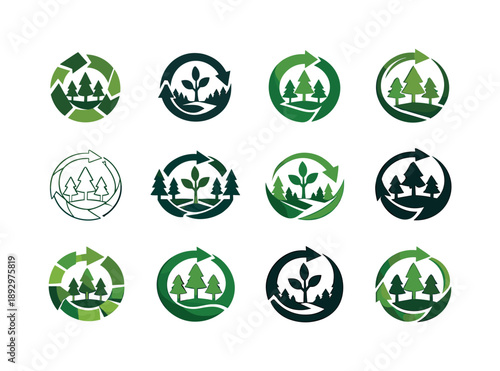 Reforestation Logos Collection. Reforestation. Icon set. Set Logo of reforestation: forest regeneration cycle. harmonious logo variations of the same