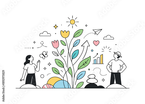 Spring Renewal Illustration. Spring renewal concept. An editorial scene with leaves, flowers, and abstract shapes growing upward, representing growth and