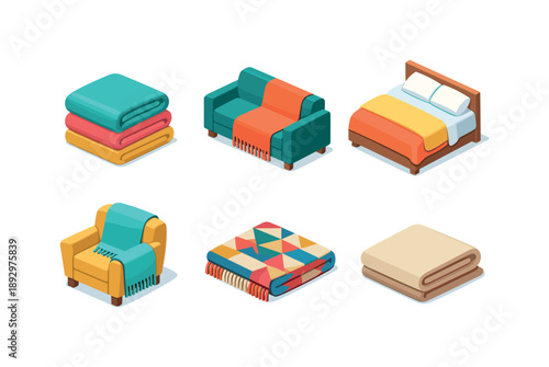 Isometric Textile Grid. HomeTextile. Isometric flat vector icons set of home textile: folded blanket stack, sofa throw blanket, bed blanket layer, armchair