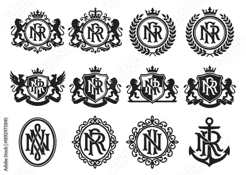 Heraldic crests with lions, eagles, crowns and letters NR and N