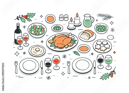Festive Tabletop Illustration. Holiday dinner illustration. A festive table set with simple dishes, candles, and drinks, viewed from above. Calm celebration
