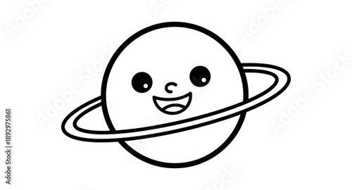 Cute cartoon planet with rings and a happy face, simple line art illustration