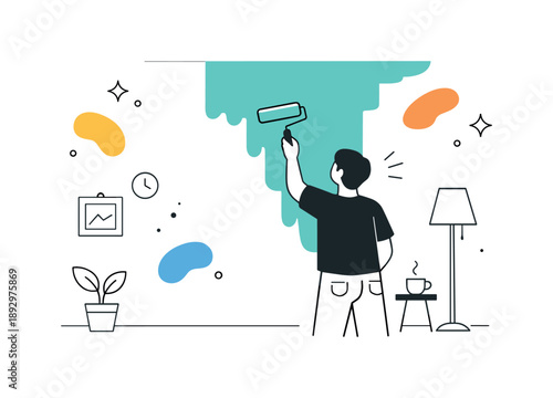 Creative Room Transformation. Interior refresh with paint. A person uses a roller to apply a new color, transforming a plain room. Renewal, creativity, and