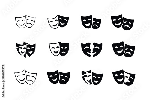 Theater Mask Icons. Theater performance. Icon set. Set Logo of theater performance: comedy and tragedy masks. harmonious logo variations of the same emblematic