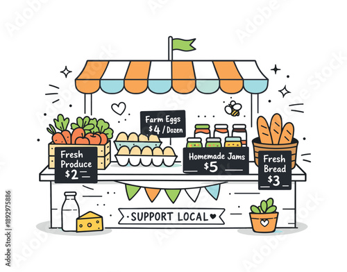 Cozy Market Stand. Small market experience. A cozy market stand shows handwritten price tags and neatly arranged goods. Authenticity, simplicity, and local