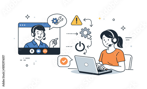 Remote IT Assistance. IT support team remote assistance. Technician guiding a user through steps via video call, icons and arrows showing instructions. Clear
