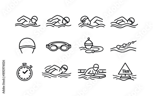 Ocean Fitness Icons. Ocean Fitness Swim. Line icon set of Ocean Fitness Swim: athletic swimmer, strong strokes, breathing technique, wave timing, swim cap