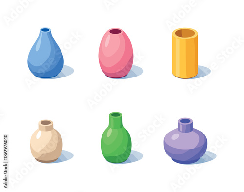 Isometric Vase Collection. Minimal Vase. Isometric flat vector icons set of Minimal Vase: smooth ceramic vase, simple oval vase, clean cylinder vase, small