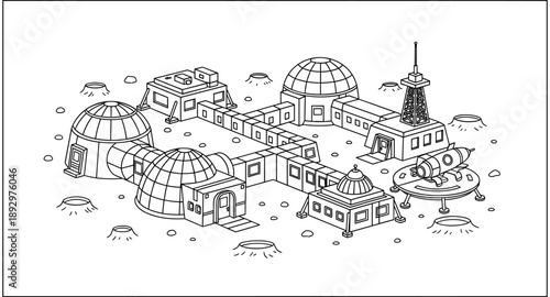 Cartoon illustration of a futuristic moon base with domes, modules, and a rocket on a landing pad