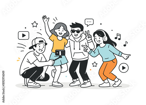Recording Fun Moments. Friends filming short videos. Group of young people recording fun clips on a smartphone, casual atmosphere and cheerful expressions,