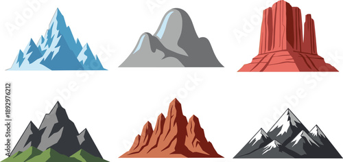 Six different colored mountain ranges on white background mountains blue mountain gray mountain red rock formation