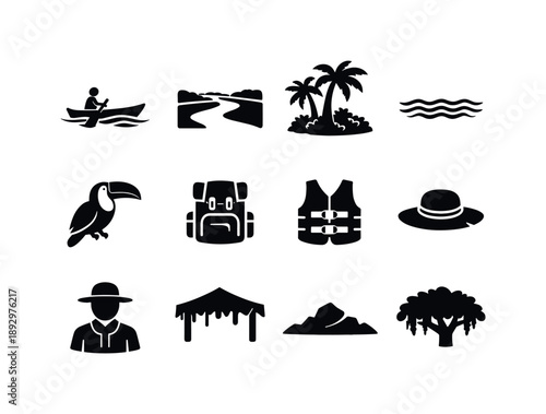 Tropical Journey Icons. Tropical River Journey. Solid icon set of Tropical River Journey: boat gliding, wide river, palm trees, dense foliage, ripples in