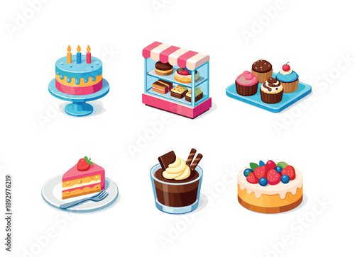 Dessert Icon Grid. Dessert shop. Isometric flat vector icons set of dessert shop: birthday cake on stand, layered cake display, cupcakes tray, cake slice